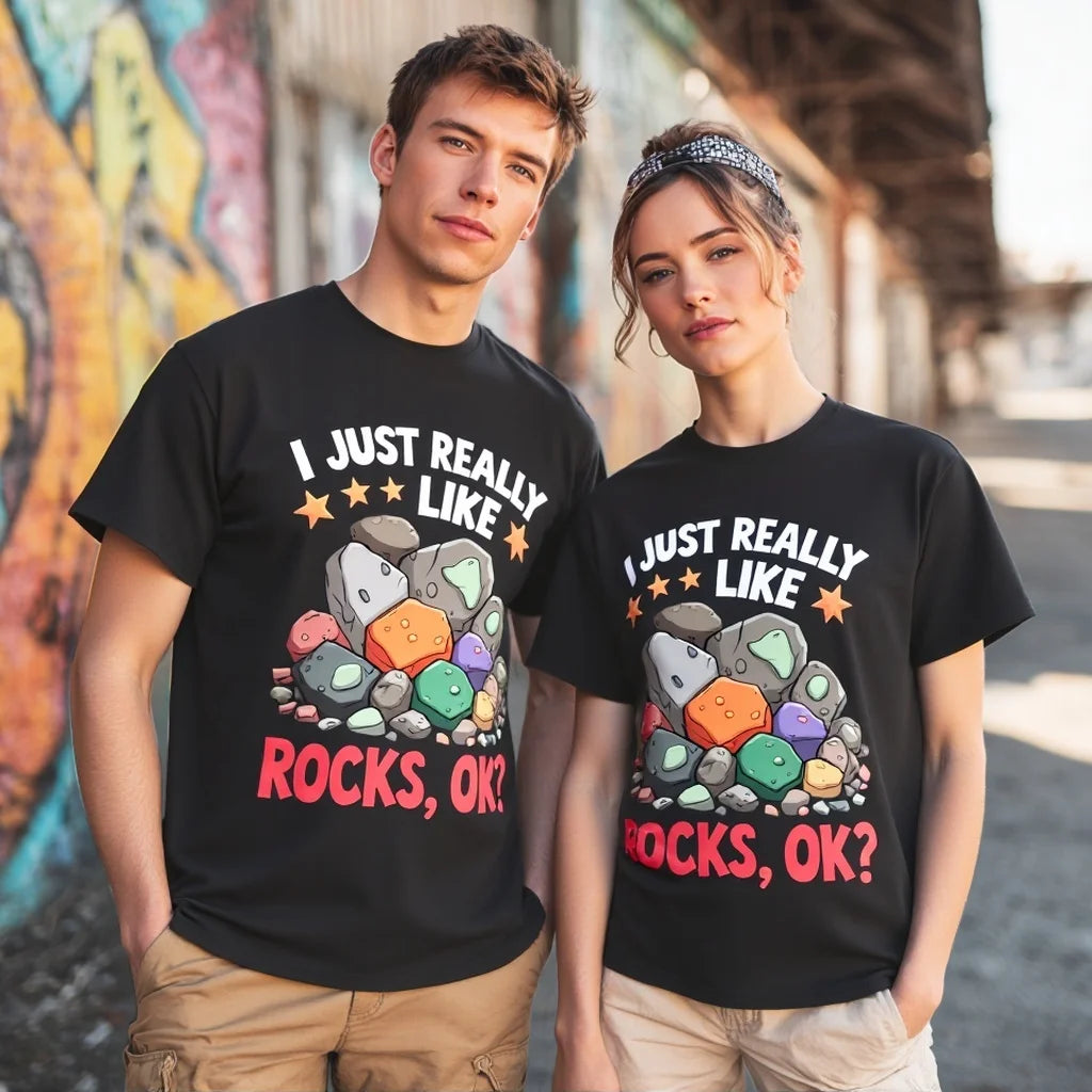 Black T Shirt with Colorful Rocks and I Just Really Like Rocks, OK Print for Outdoor Activities Graphic Tee For Summer 2025