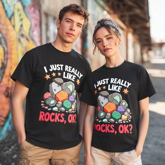 Black T Shirt with Colorful Rocks and I Just Really Like Rocks, OK Print for Outdoor Activities Graphic Tee For Summer 2025