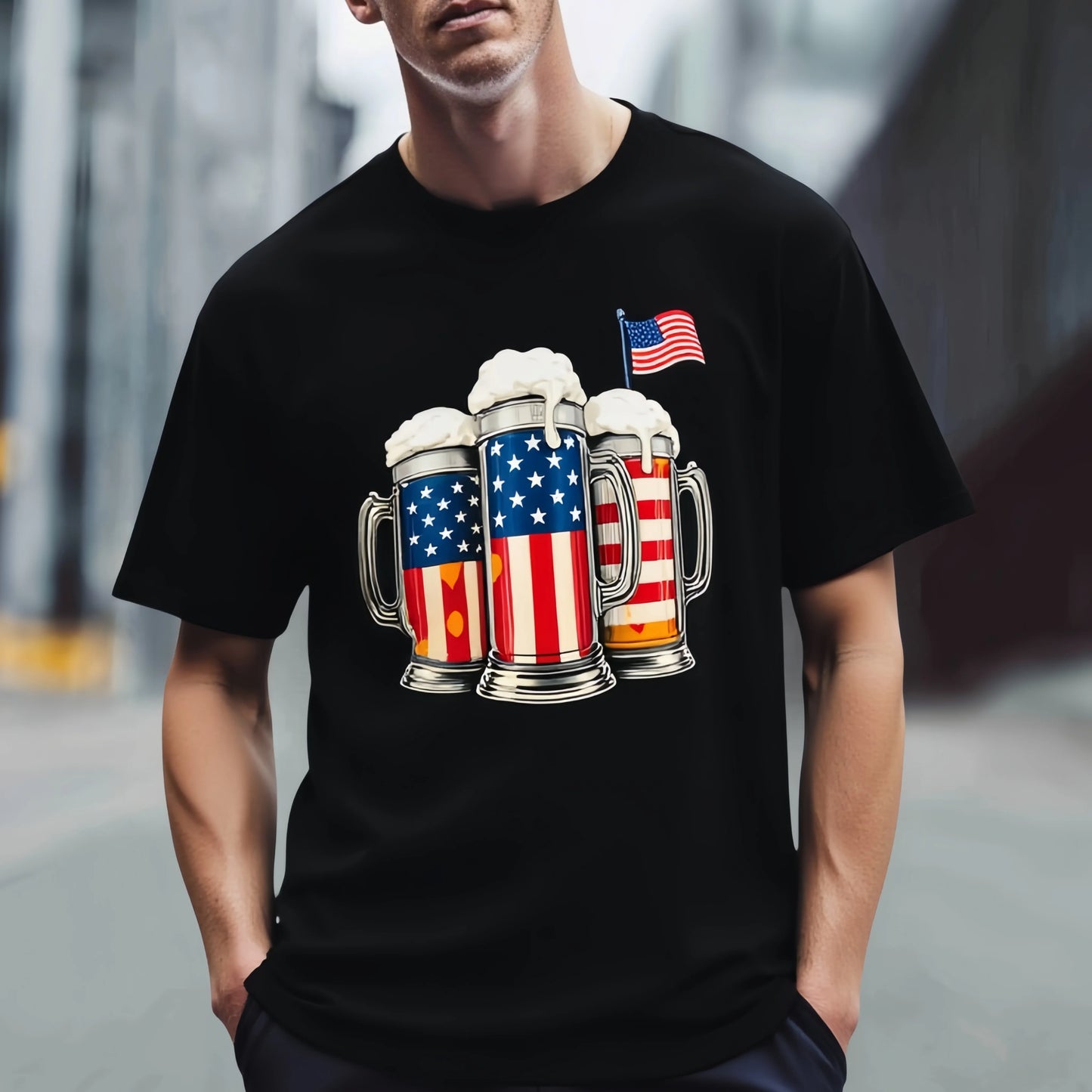 Trendy Graphic Tee Black T Shirt with Patriotic Beer Mugs Print for Casual Wear
