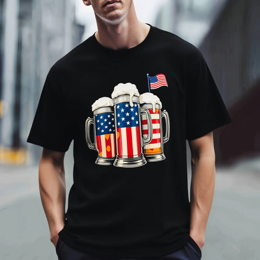 Trendy Graphic Tee Black T Shirt with Patriotic Beer Mugs Print for Casual Wear