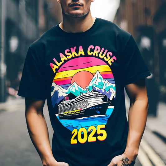 Trendy Graphic Tee Men's Short Sleeve T Shirt Alaska Cruise 2025 Print with Sunset Mountains and Ship Graphic for Travel Vacation