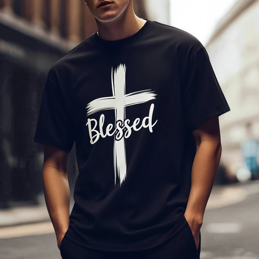 Fashion Graphic Tee For Summer Men's Casual T Shirt Cross Pattern with Blessed Text Urban Streetwear Fashion Top for Daily Wear