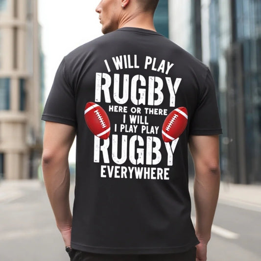 Fashion Graphic Tee Men's Short Sleeve T Shirt with Rugby Ball and Motivational Text Print for Sports Enthusiasts
