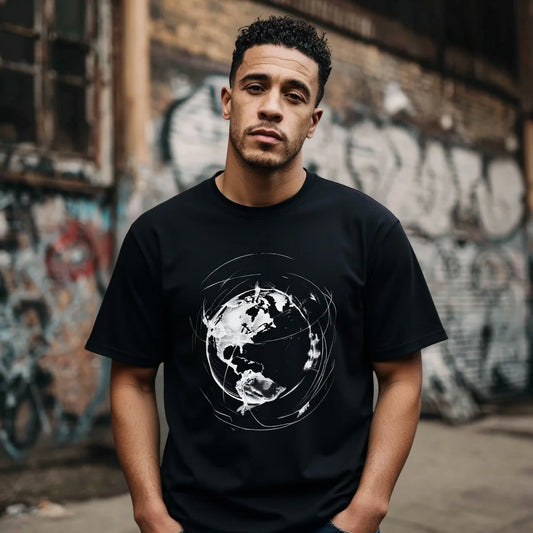 Fashion Graphic Tee Men's Casual T Shirt Abstract Globe Design Urban Streetwear