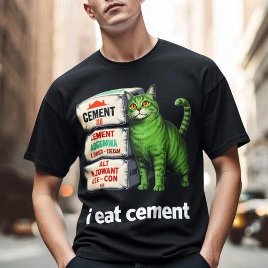 Graphic Tees Boutique Men's Casual T Shirt Green Cat with Cement Bags Print for Daily Wear