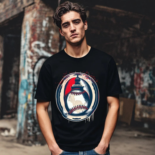 Fashion Graphic Tee Men's Casual T Shirt with Baseball and Shark Graphic Design for Outdoor Sports
