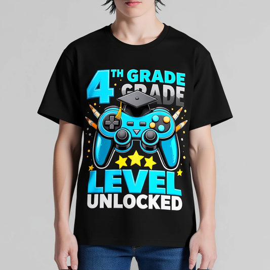 Black T-Shirt 4th Grade Level Unlocked Game Controller Print for School Events Trendy Tees For Men