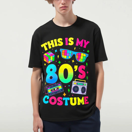 Retro Style T-Shirt with Colorful 80s Theme Print for Halloween Party Trendy Tees For Men