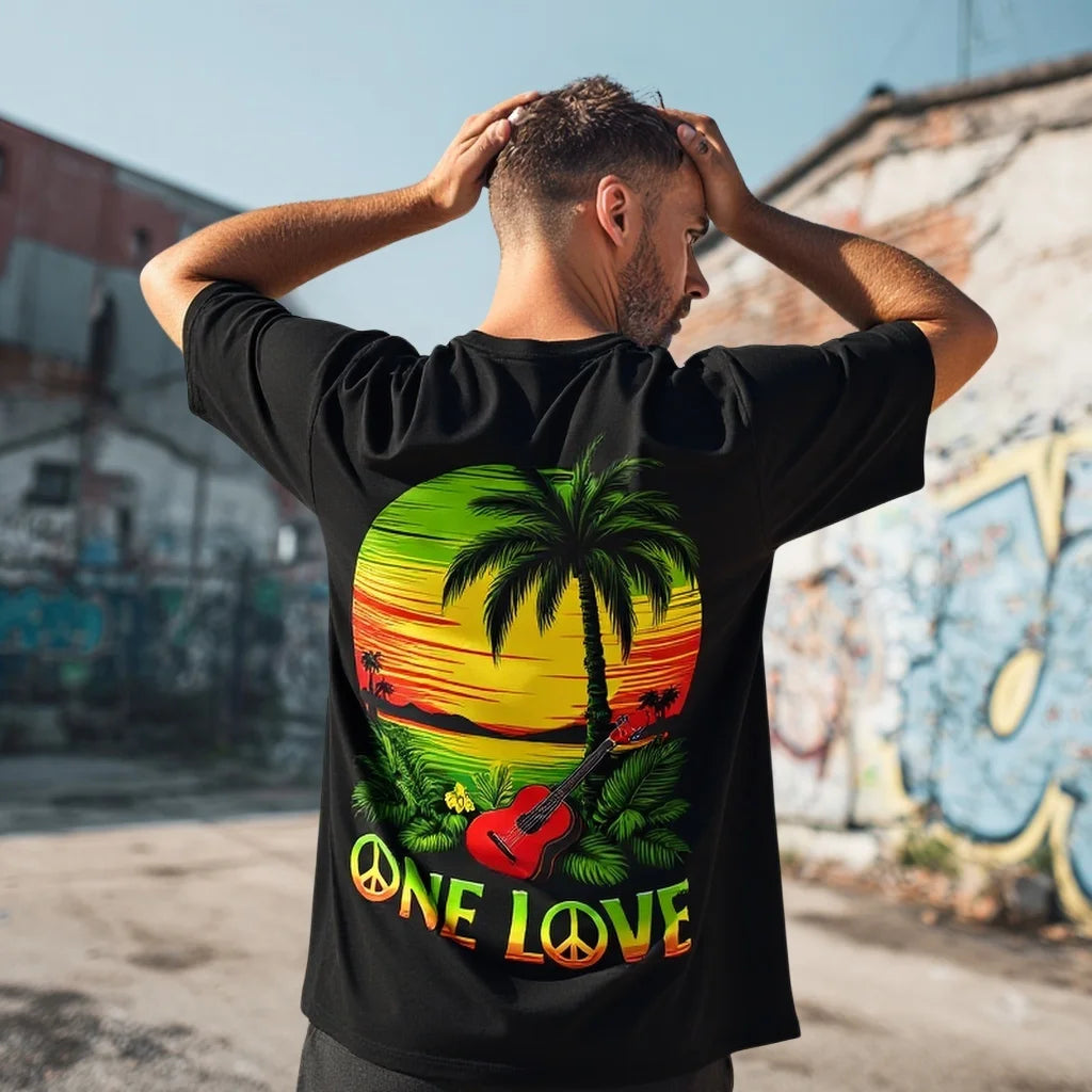 Men's T Shirt Tropical Sunset Palm Tree Guitar Print One Love Casual Streetwear Summer Vacation Beach Travel Tee Trendy Streetwear Printed Tshirt