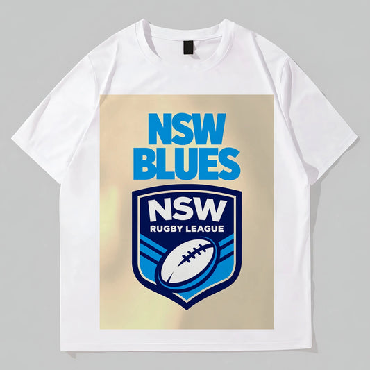 White T-Shirt with Blue and White Sports Logo Print for Casual Wear Graphic Fashion Tees For Man