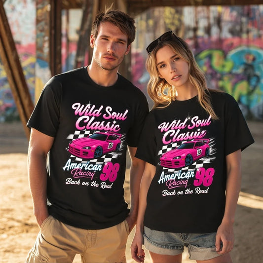 Men's and Women's T Shirts | Wild Soul Classic Car Printed Tee | American Racing 99 Back on the Road Casual Tops for Daily Wear | Trendy Graphic Tee 2025