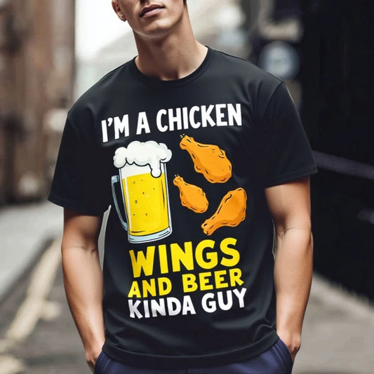 Graphic Tees Design Men's Casual T Shirt with Chicken Wings and Beer Graphic Tee for Party and Daily Wear