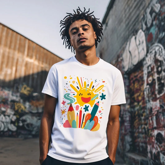 Men's Casual T Shirt | Colorful Sun and Pencil Print Streetwear | Graphic Tee for Outdoor Activities | Trendy Graphic Tee 2025