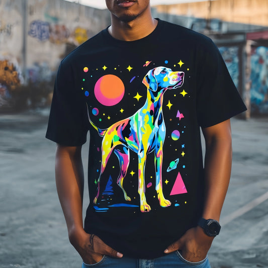Colorful Cosmic Dog Print T Shirt for Men - Vibrant Galaxy Design - Casual Streetwear for Daily Wear and Festivals Cotton Graphic Tee For Summer