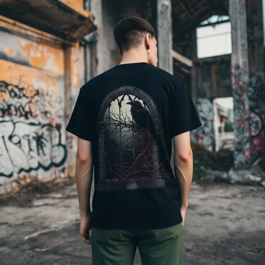 Graphic Tee Design Men's Short Sleeve T Shirt Gothic Tree and Bird Print Urban Streetwear for Outdoor Activities