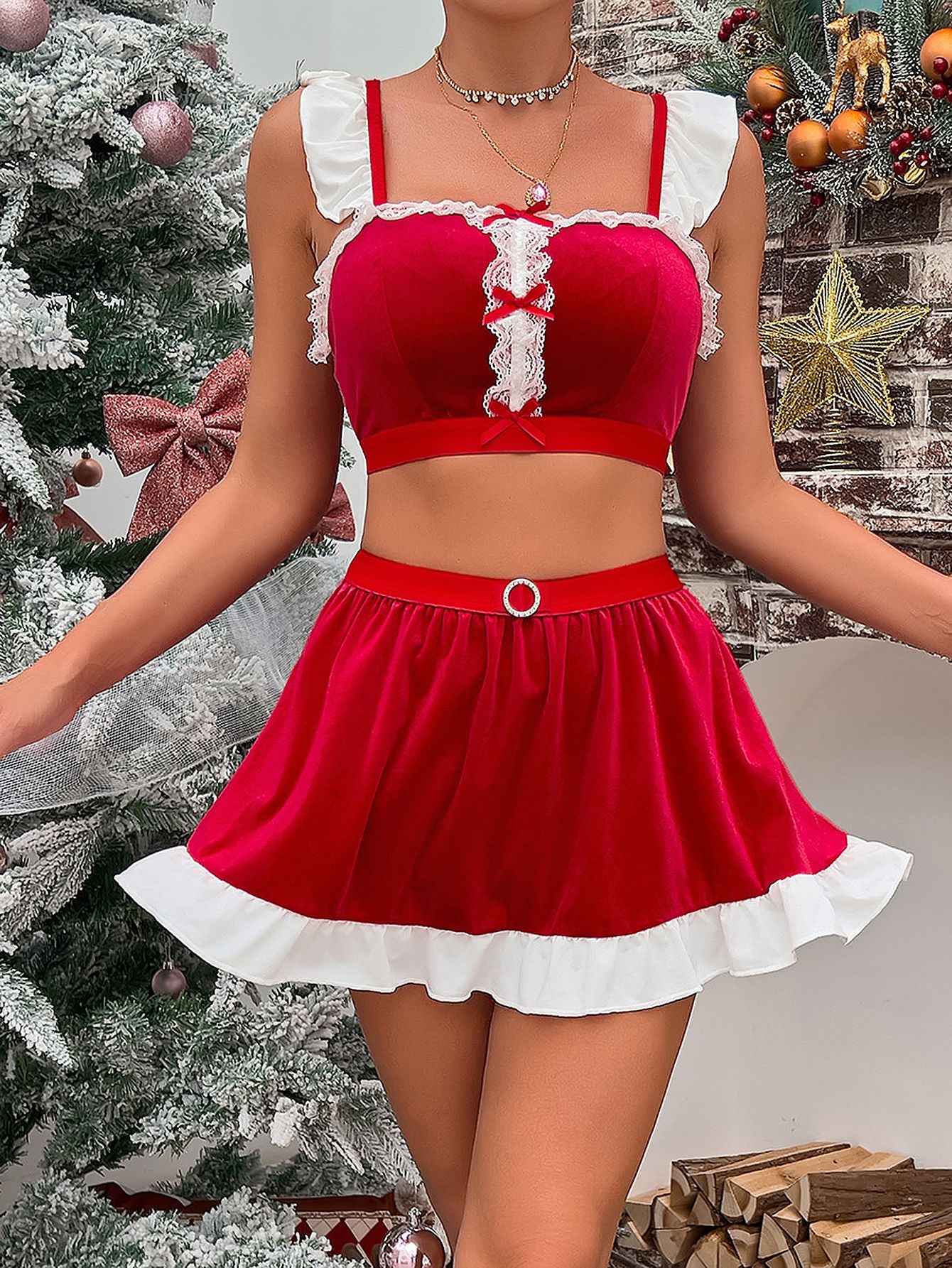 Women's Lingerie Set All Season Fitting Slim Hotsweet Contrast Color Lace Bowknot Sleeveless Square Neck High Waist Mini Lingerie Set