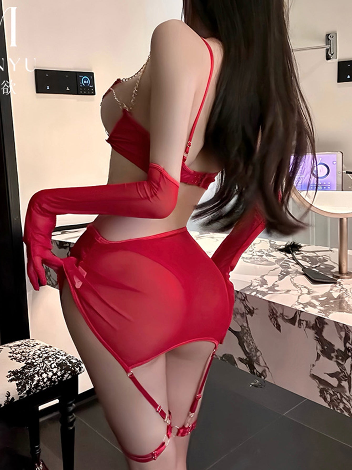 Man Wants European and American Cross-border Internet Celebrant Sex Underwear Breast-exposed Love Chain Sexy Perspective Mesh Five-piece Set for Women 9418