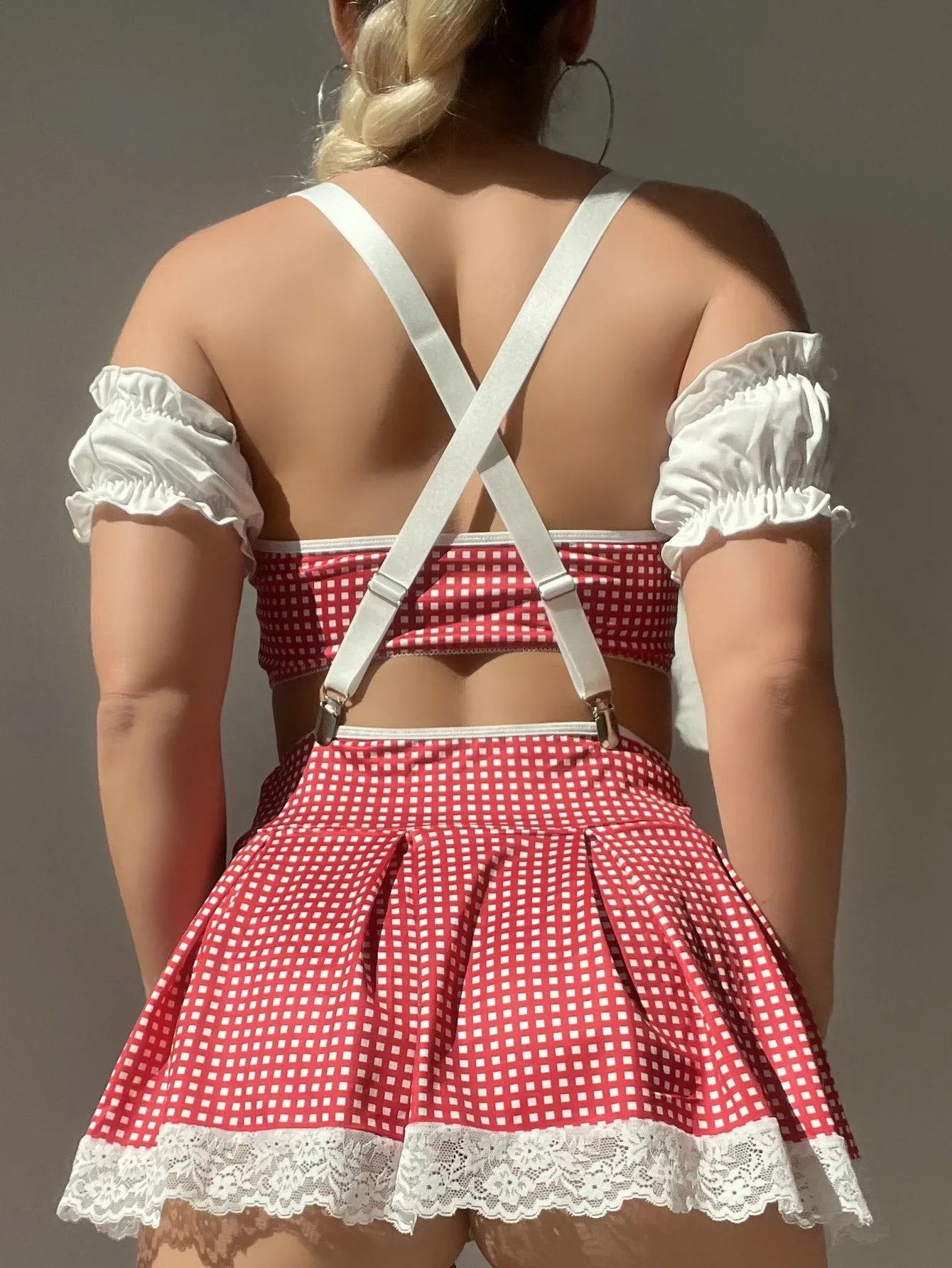 Women's Schoolgirl Lingerie Set Spring Summer 2025 Sexy Plaid Bowknot Short Sleeve Crop Top Pleated Mini Skirt Bedroom Set