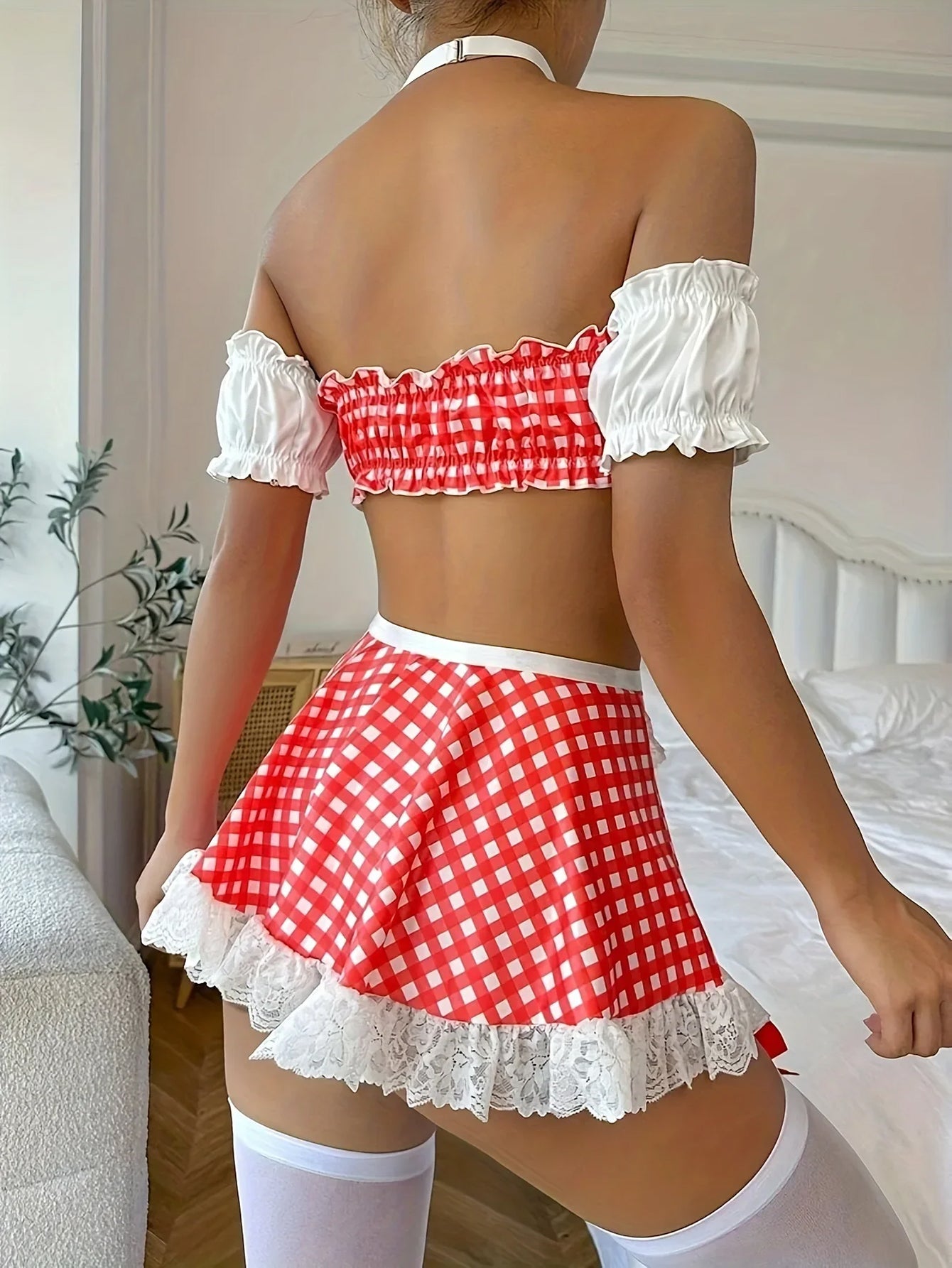 Women's Maid Lingerie Set Spring Summer 2025 Sexy Plaid Bowknot Apron Short Sleeve Mini Dress Bedroom Lingerie Set
